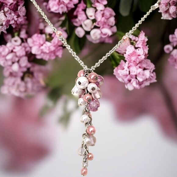 Faux Pearl Cluster Necklace Pendant Drip Dangle Pink Mauve Silver Tone Regency. - Picture 16 of 16